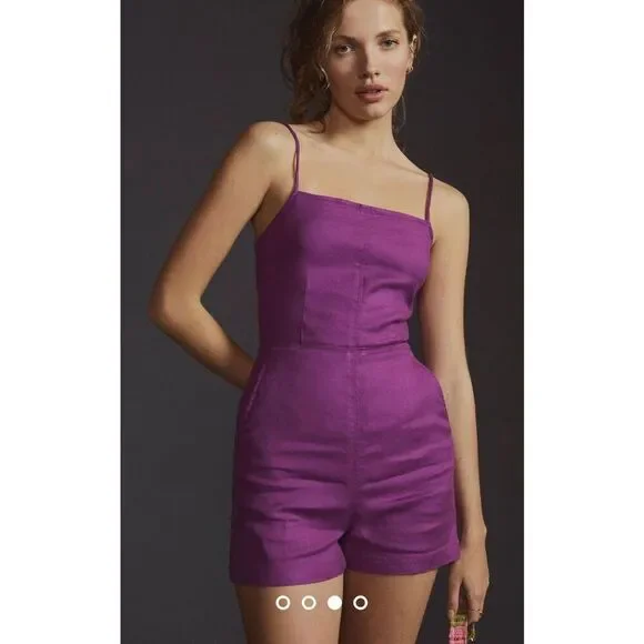 Anthropologie Maeve Tie Back Barbiecore Purple Linen Romper Size 8 NWT - Picture 10 of 11